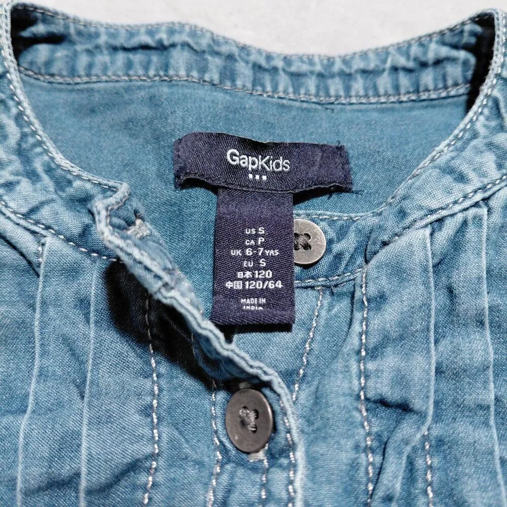 GapKids Chambray Denim Shirt Dress Front Button and Gathers Size S 6/7